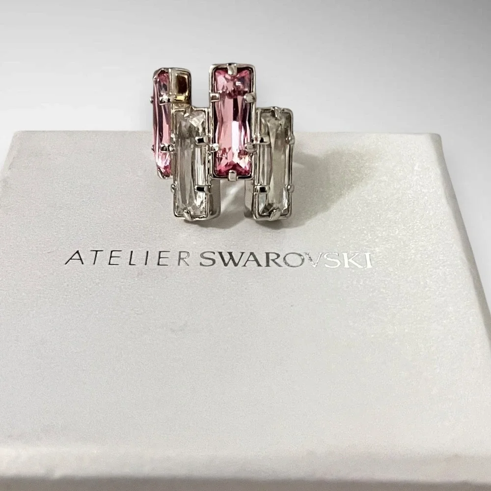 New Atelier Swarovski Nile Pink Crystal Geometric Statement Ring Sz 55 US 7 NIB
